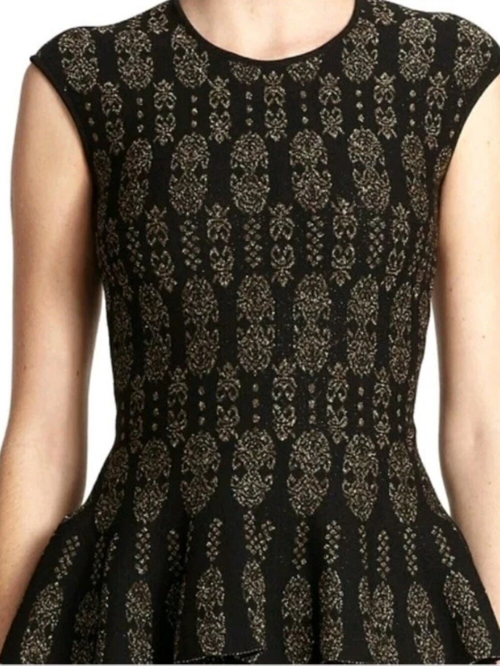 RVN Peplum Knit Top Size M Black Gold Metallic Jacquard Cap Sleeve Fitted